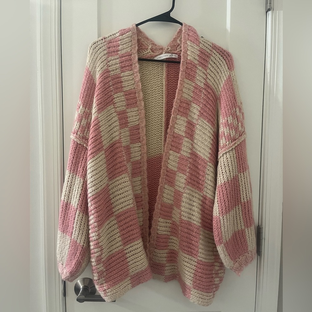 Altar'd State Pink and Cream Plaid Cardigan
